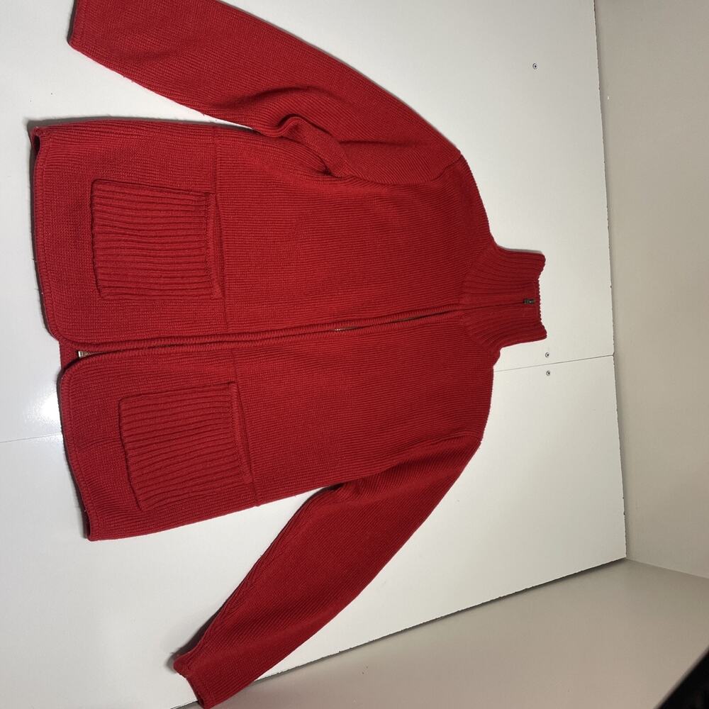ORVIS Red Knitted Sweater Size Small Collared Full Zippered Pockets Long Sleeve